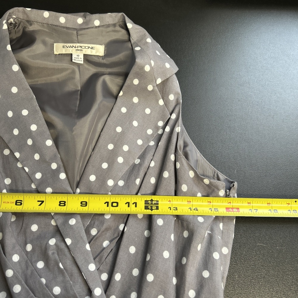 Evan Picone Women's 10 Gray White Polka Dot Dress Belted Sleeveless Collar Zip‎ - Picture 10 of 16